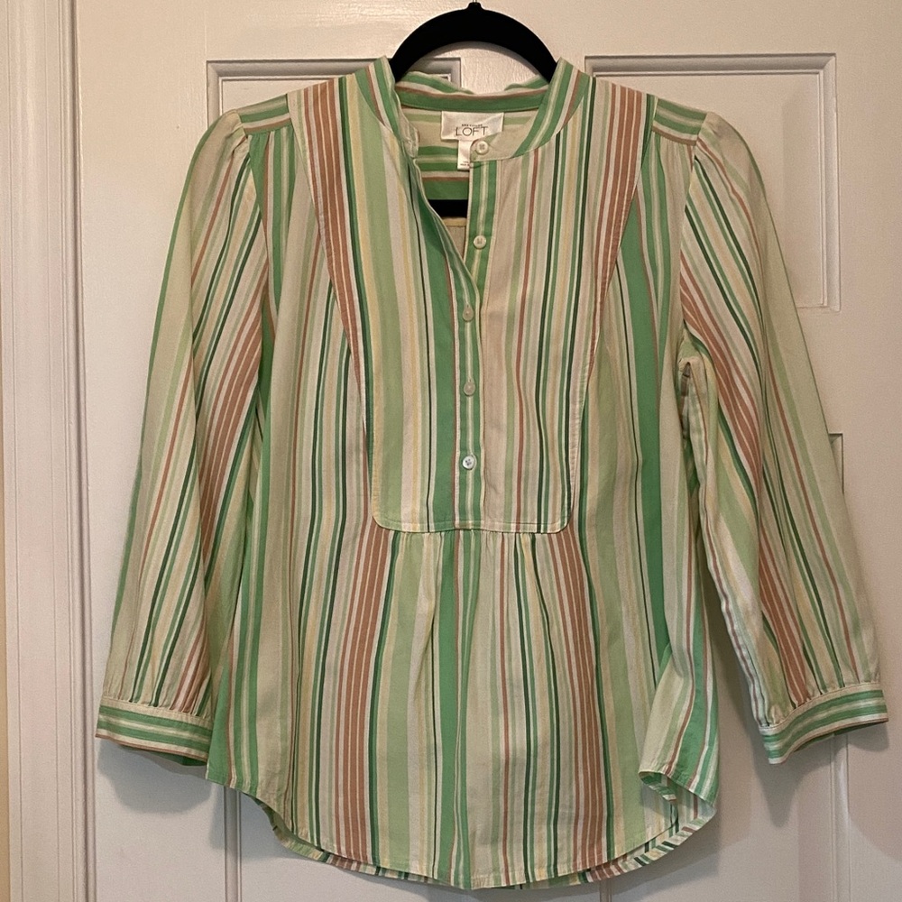 LOFT Green and Tan Striped Blouse